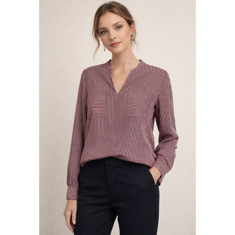 NWOT Cabi Women's Blue Red White Pinstripe Split Neck Blouse Top Size Small